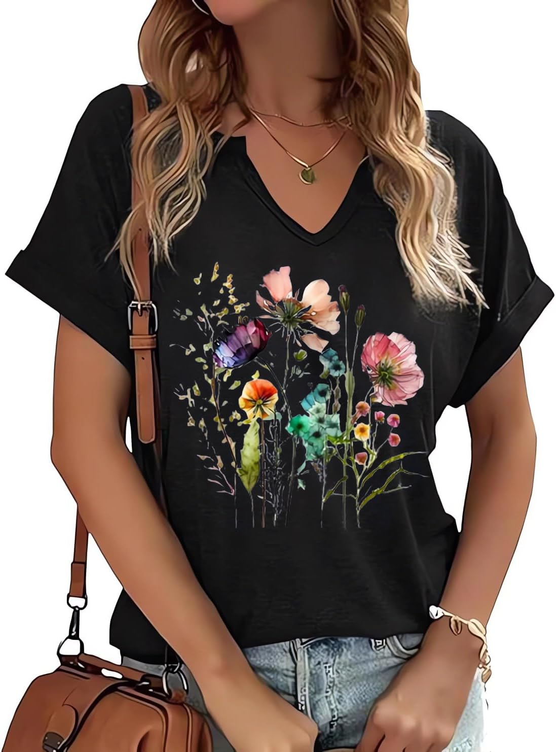 Vintage Flowers V Neck Shirt for Women Boho Floral Wildflowers Graphic Tee Casual Cottagecore Summer T Shirt