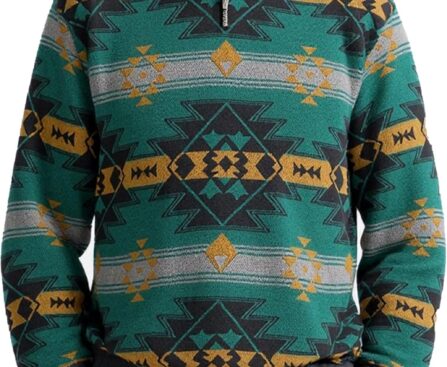 ZAFUL Men’s Retro Geometric Aztec Polar Fleece Sweatshirt – Quarter Zip Pullover with Fuzzy Contrast and Kangaroo Pocket