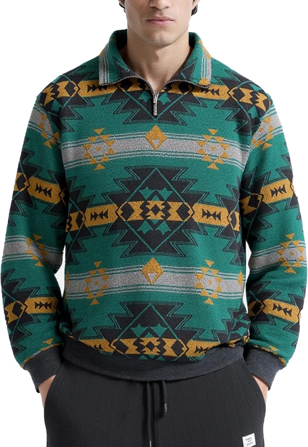 ZAFUL Men’s Retro Geometric Aztec Polar Fleece Sweatshirt – Quarter Zip Pullover with Fuzzy Contrast and Kangaroo Pocket