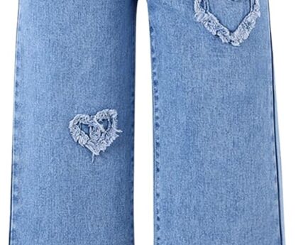 SHENHE Girl’s Y2K Heart Applique Elastic High Waist Jeans Wide Leg Loose Denim Pants