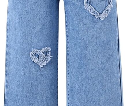 SHENHE Girl’s Y2K Heart Applique Elastic High Waist Jeans Wide Leg Loose Denim Pants