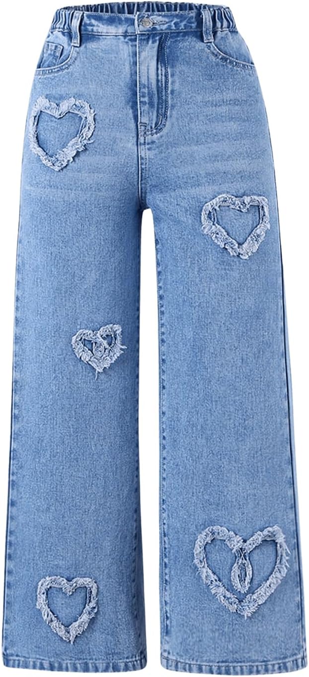 SHENHE Girl’s Y2K Heart Applique Elastic High Waist Jeans Wide Leg Loose Denim Pants