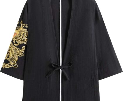 PRIJOUHE Men’s Japanese Kimono Jacket Cardigan Yukata Noragi Casual Fashion Seven Sleeves Lightweight Open Front Coat