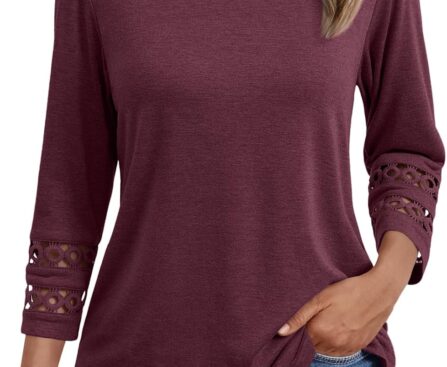 AUTOMET 3/4 Length Sleeve Womens Tops Crewneck Lace Tunic Business Casual Dressy Blouses Fall Trendy Outfits 2025