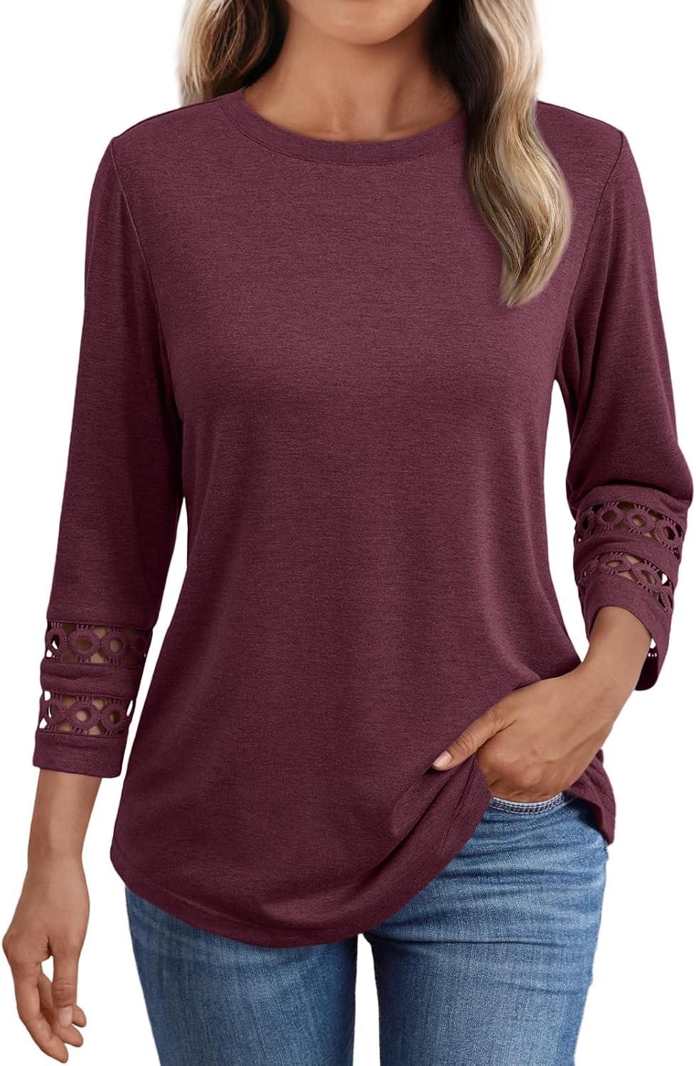 AUTOMET 3/4 Length Sleeve Womens Tops Crewneck Lace Tunic Business Casual Dressy Blouses Fall Trendy Outfits 2025