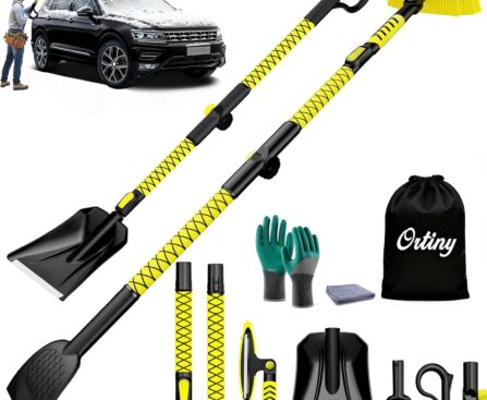 7 in 1 Snow Shovel & Snow Brush Kit with Ice Scrapers for Car Windshield,62.2” Extendable & Bendable Thicken Aluminum Tube for Easy Roof Cleaning,180° Pivoting Brush Head & EVA Grip,Yellow