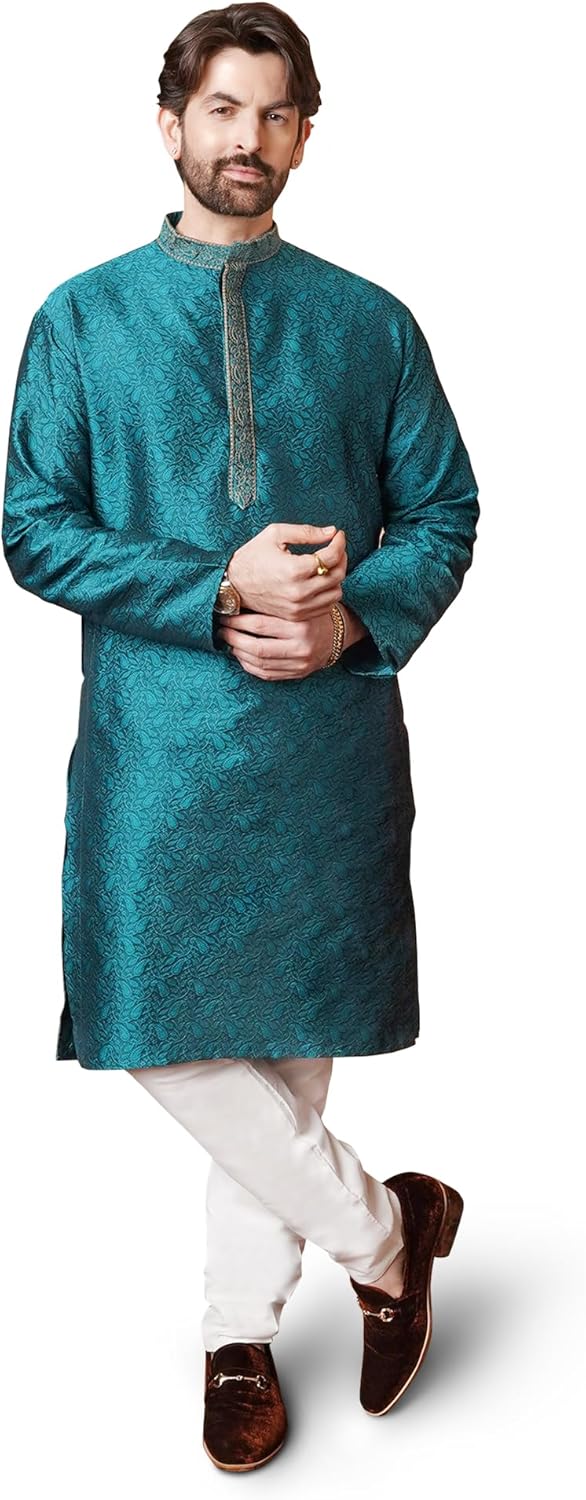 Sojanya (Since 1958 Men’s Red Jacquard Silk Kurta & Churidaar Pyjama