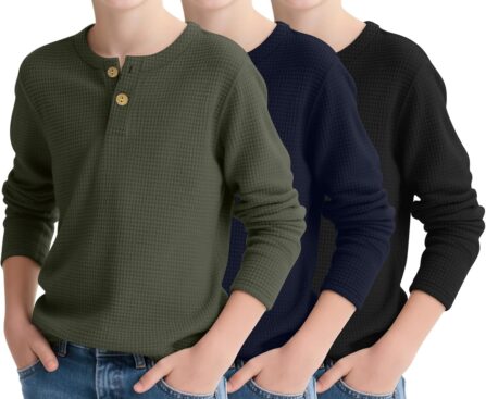 3 Pack Boy’s Henley Long Sleeve Shirts Waffle Thermal Tops 5-14 Years Cotton Blend Knit Sweatshirt for School