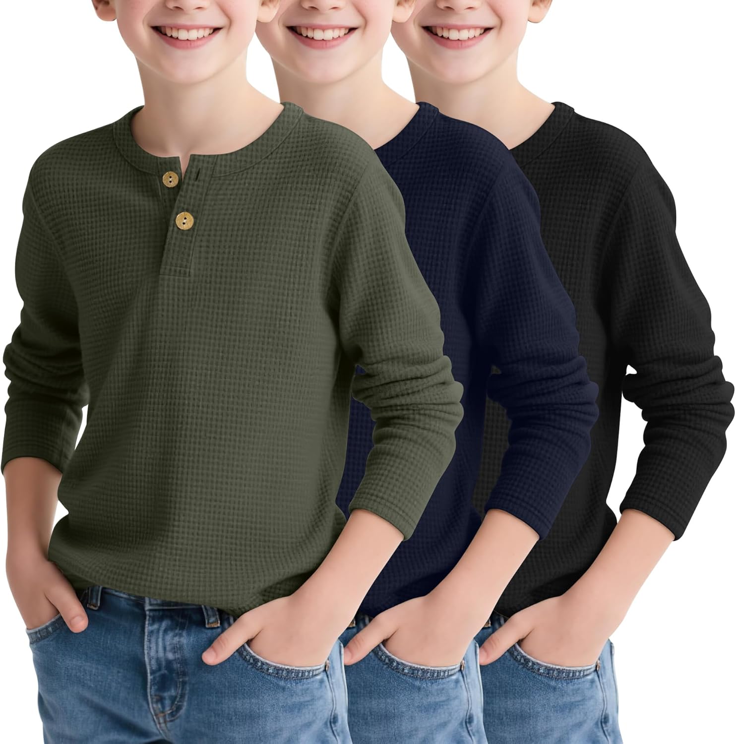 3 Pack Boy’s Henley Long Sleeve Shirts Waffle Thermal Tops 5-14 Years Cotton Blend Knit Sweatshirt for School