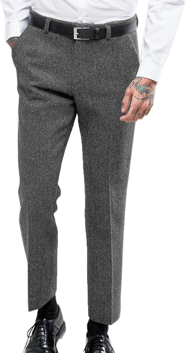 Ceehuteey Men’s Retro Dress Suit Pants Thick Wool Flat Front Herringbone Tweed Trousers