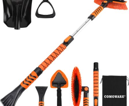 COMOWARE Extendable Snow Brush for Car, Ice Scrapers for Car Windshield Combo Kit with 270° Pivoting Head, 6-in-1 Snow Removal Tool with Snow Shovel Snow Scraper for Car, Truck, SUV, Winter Car Kit