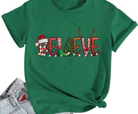 Believe Christmas Shirts for Women Christmas Tree T-Shirt Believe Letter Graphic Tees Tops