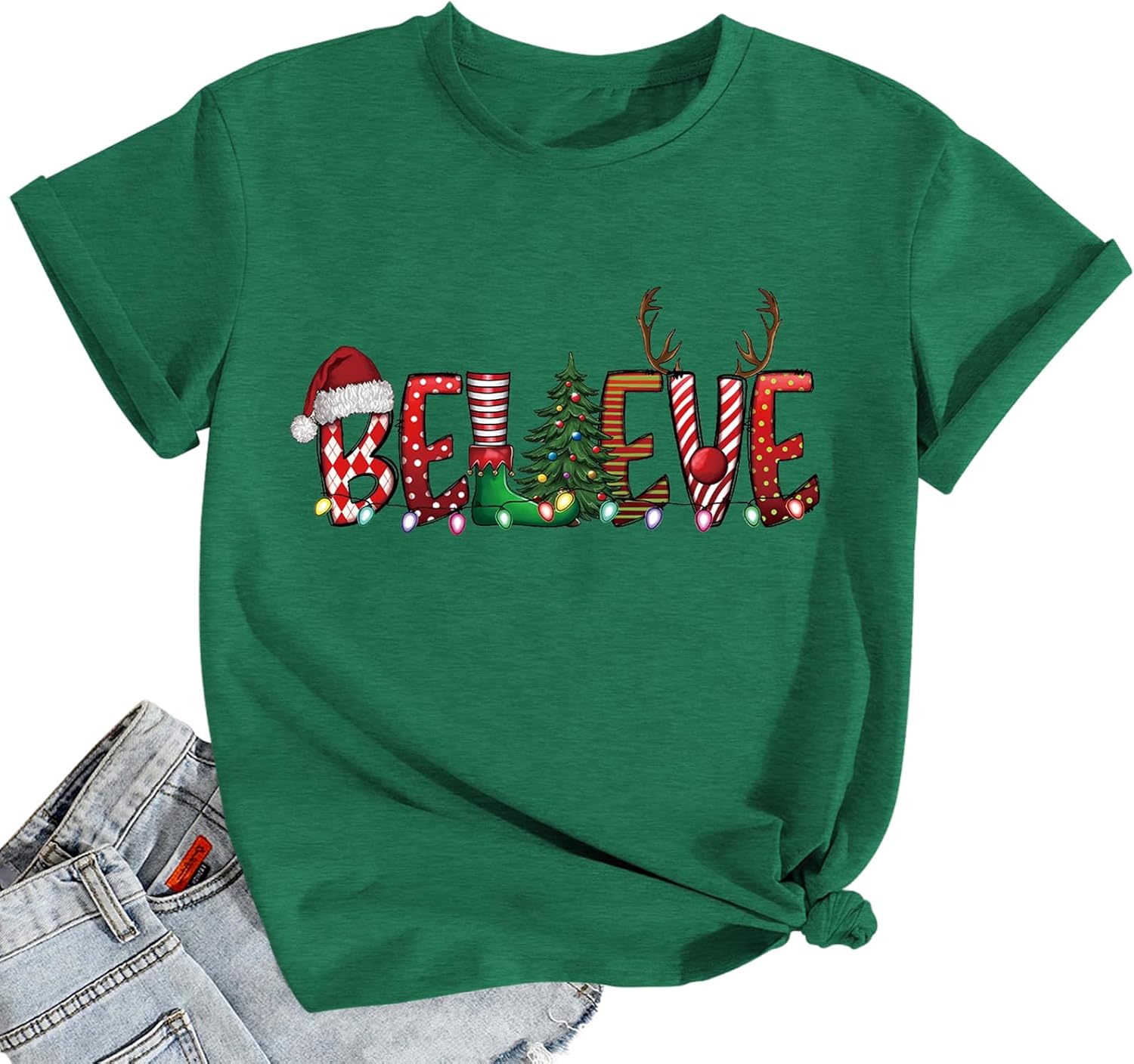 Believe Christmas Shirts for Women Christmas Tree T-Shirt Believe Letter Graphic Tees Tops