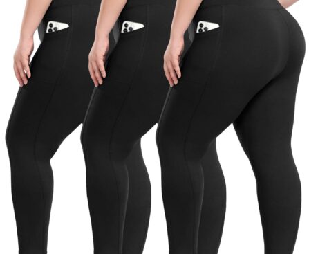 3 Pack Plus Size Leggings with Pockets for Women – High Waisted Tummy Control Spandex Soft Black Workout Yoga Pants