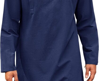 Runcati Mens Kaftan Thobe Robe Long Sleeve Cotton Henley Shirt Casual Muslim Gown Salwar Kurta