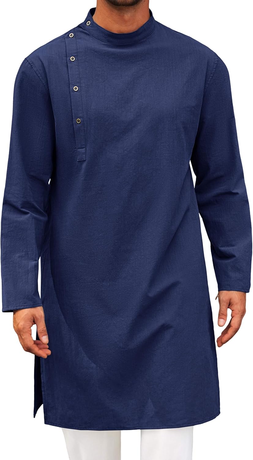 Runcati Mens Kaftan Thobe Robe Long Sleeve Cotton Henley Shirt Casual Muslim Gown Salwar Kurta