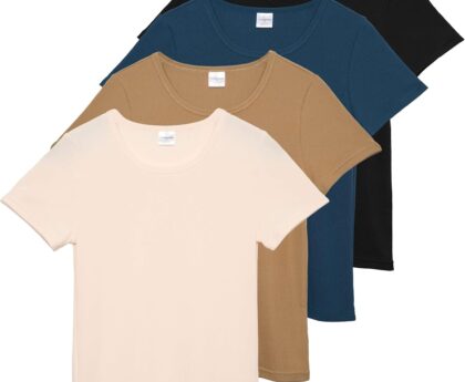 Real Essentials 4 Pack: Women’s Ribbed Knit Short Sleeve Crew Neck T-Shirt (Available in Plus)