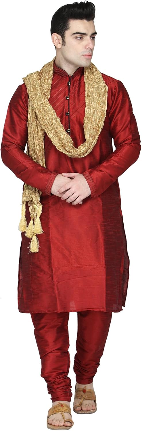 SKAVIJ Men’s Art Silk Kurta Pajama and Scarf Festivals Season Ethnic Party Dress Suit