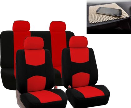FH Group Bright Flat Cloth Full Set Automotive Seat Covers Front Set and Rear Solid Bench Red Black Seat Covers w. Gift Universal Fit Interior Accessories for Cars Trucks and SUVs