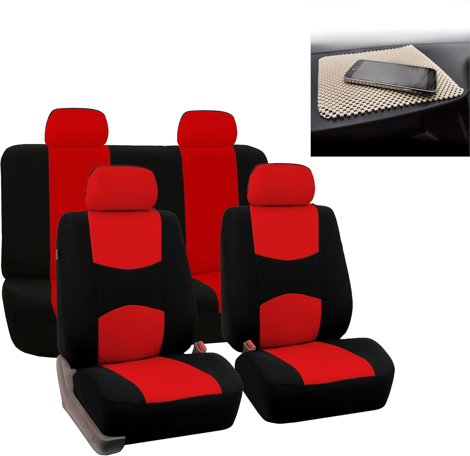 FH Group Bright Flat Cloth Full Set Automotive Seat Covers Front Set and Rear Solid Bench Red Black Seat Covers w. Gift Universal Fit Interior Accessories for Cars Trucks and SUVs