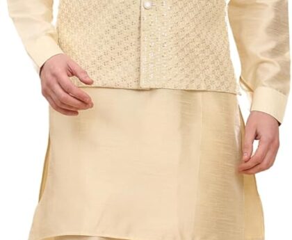 Pro-Ethic Style Developer Mens Indian Traditional Silk Kurta Set With Jacket For Men Floral Design (C-114)
