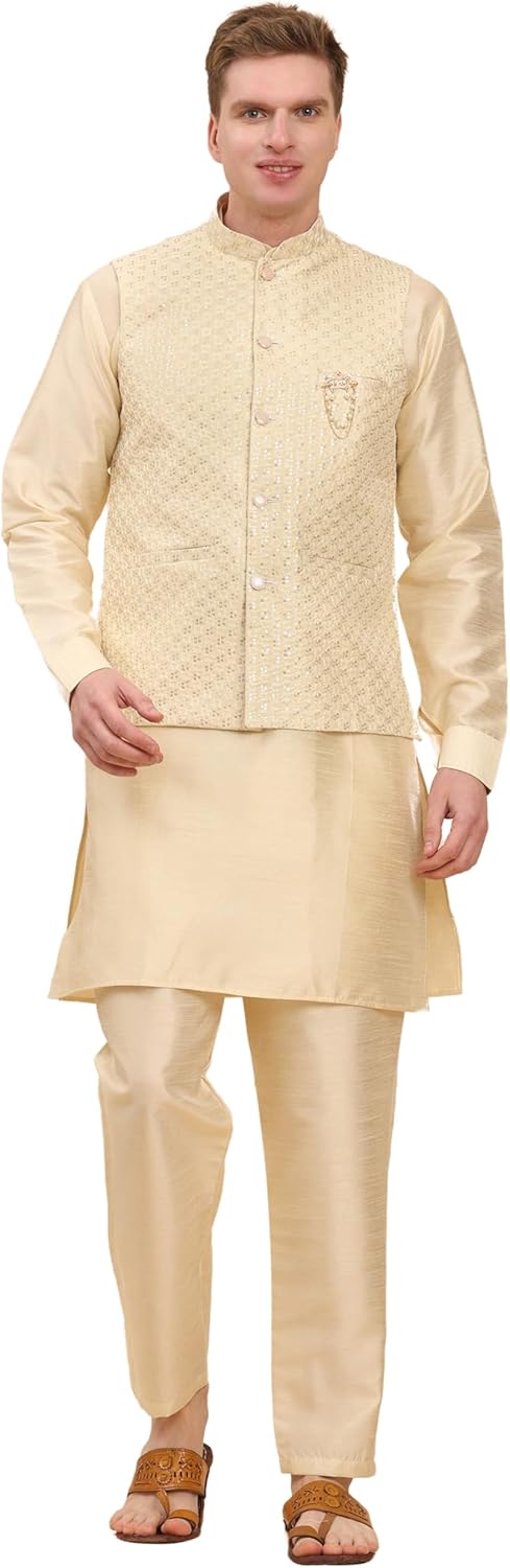 Pro-Ethic Style Developer Mens Indian Traditional Silk Kurta Set With Jacket For Men Floral Design (C-114)