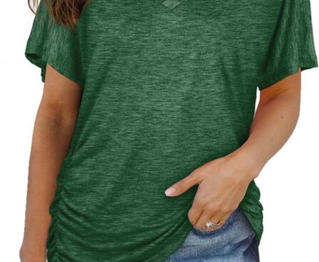 WIHOLL Womens Summer T-Shirts Short Sleeve V Neck Dolman Tops with Side Shirring Loose Fit Shirts Spring Fashion