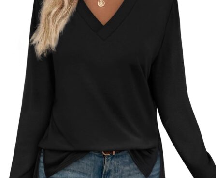 WIHOLL Long Sleeve Shirts for Women V Neck Casual Tops V Neck Fall Clothes 2025 Fashion