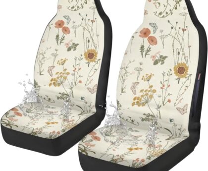 Boho Car Seat Covers Cute – 2PCS Waterproof Front Seat Covers with Car Drying Towel, Airbag Compatible, Universal Fit for Most Vehicle Car Seat Protector for Women SUV Sedans Truck
