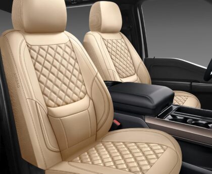Car Seat Covers Full Set,Universal Fit for Cars,SUVs,Trucks,and Sedans with 5 Seats,Faux Leather Car Seat Cushion Compatible with Airbags,Waterproof Car Seat Protector,Beige