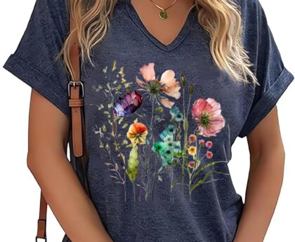 Vintage Flowers V Neck Shirt for Women Boho Floral Wildflowers Graphic Tee Casual Cottagecore Summer T Shirt