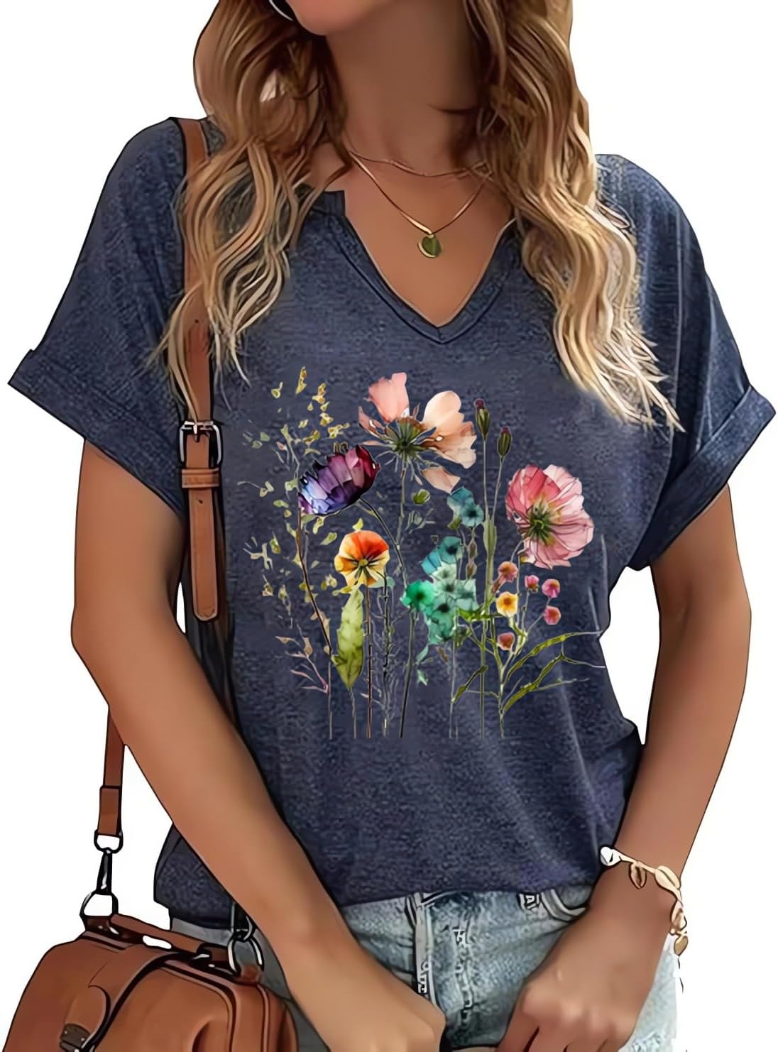 Vintage Flowers V Neck Shirt for Women Boho Floral Wildflowers Graphic Tee Casual Cottagecore Summer T Shirt