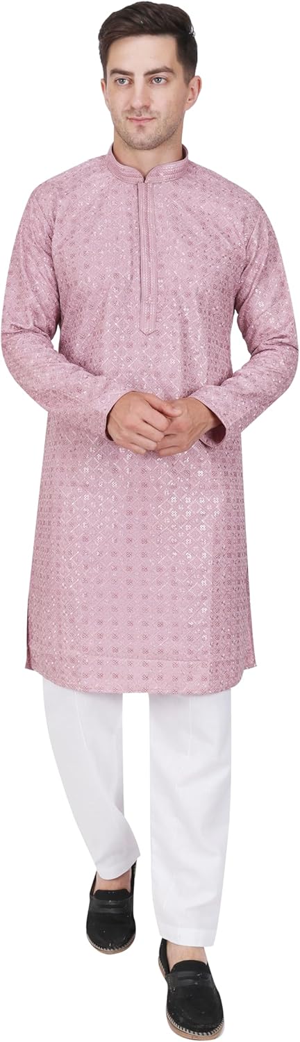 TRILOKI Mens Embroidered Sequined Kurta Pajama Set Rayon Ethnic Indian Traditional Wear Ethnic Diwali Puja Kurta Payjama Set