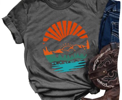 Sunrise Mountain Adventure Tee Women Camping Hiking Outdoor Shirt Travel Athletic Outfit Top