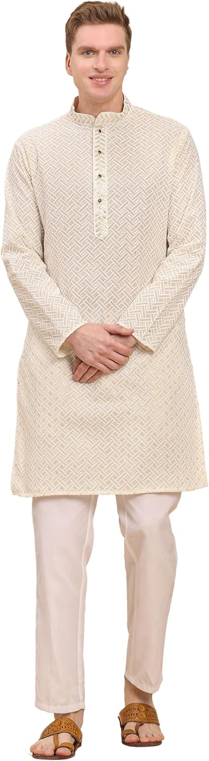 Pro-Ethic Style Developer Men’s Pure Cotton Sequined Embroidred Kurta | Traditional Indian Festive Kurta (A-126)