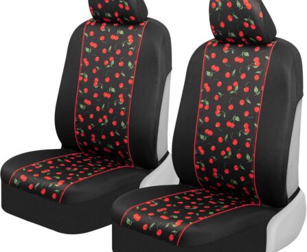 BDK Red Cherry Car Seat Covers for Front Seats, 2 Pack – Classic Pattern with Matching Headrest, Sideless Design for Easy Installation, Fits Most Car Truck Van and SUV
