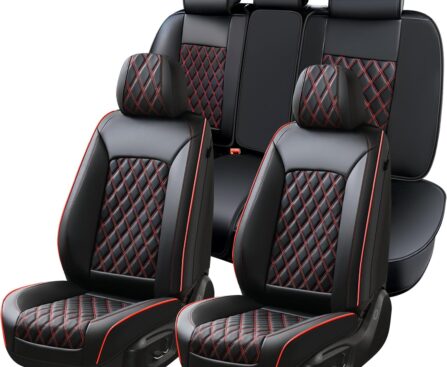 Huidasource Seat Covers for Car, Full-Cover Nappa Leather Car Seat Covers Full Set Waterproof, Black Car Seat Cover Front ＆ Back Seat Fit for Most Cars, Vans, Trucks, SUVs (Full Set/Black&Red)