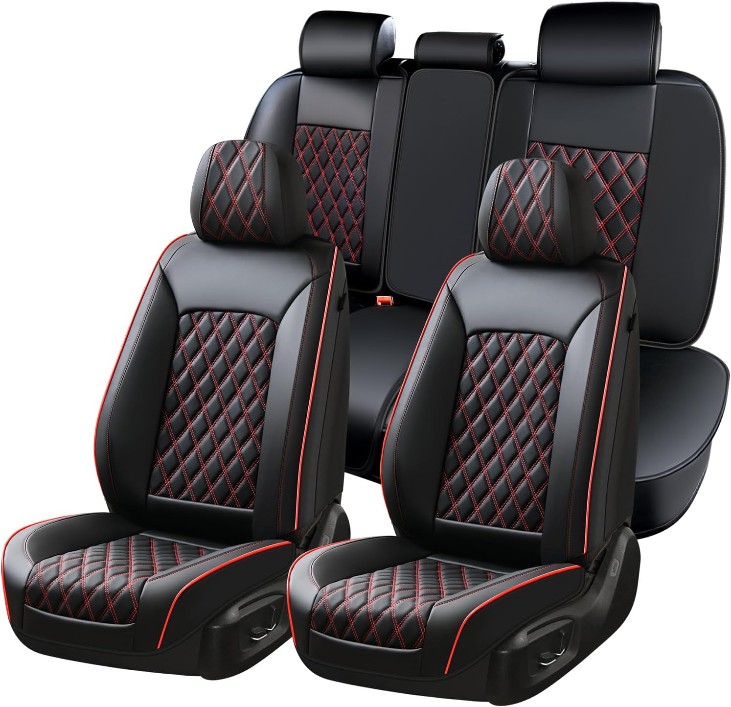 Huidasource Seat Covers for Car, Full-Cover Nappa Leather Car Seat Covers Full Set Waterproof, Black Car Seat Cover Front ＆ Back Seat Fit for Most Cars, Vans, Trucks, SUVs (Full Set/Black&Red)