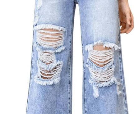 Floerns Girl’s Elastic High Waisted Ripped Baggy Jeans Wide Leg Distressed Denim Pants