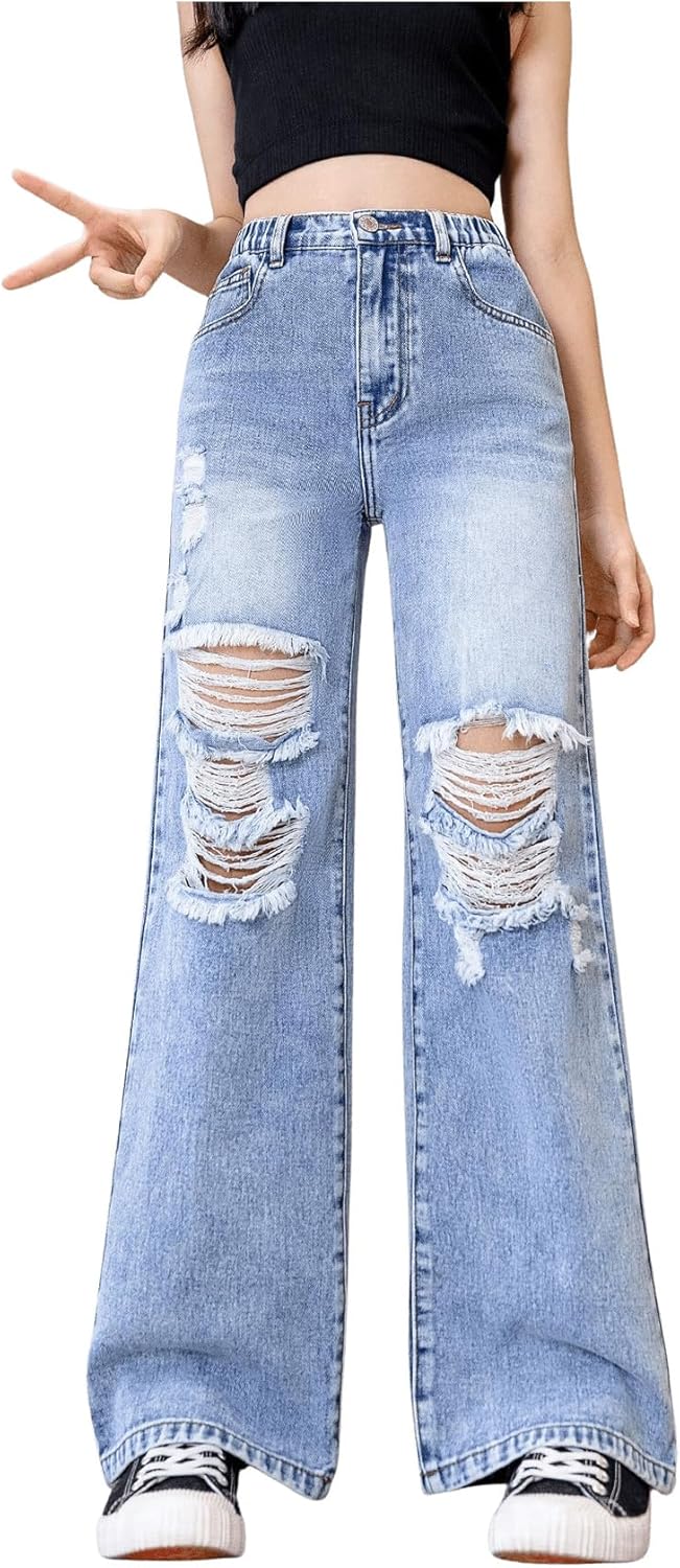 Floerns Girl’s Elastic High Waisted Ripped Baggy Jeans Wide Leg Distressed Denim Pants
