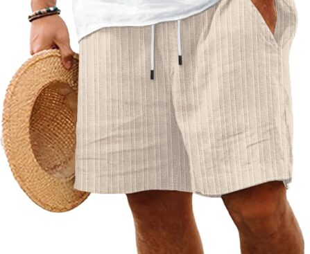 Mens Linen Shorts Flat Front Casual Elastic Waist Drawstring Summer Beach Vacation Shorts with Pocket(9Inch)