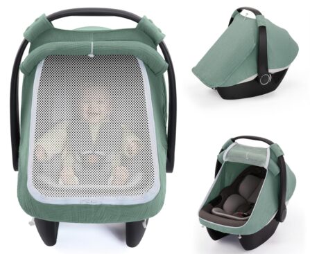 Blissful Diary Baby Car Seat Cover, Extra Large Mesh Window, Breathable Muslin Cotton, Infant Windproof Canopy, Must-Have Baby Gift – Roman Green