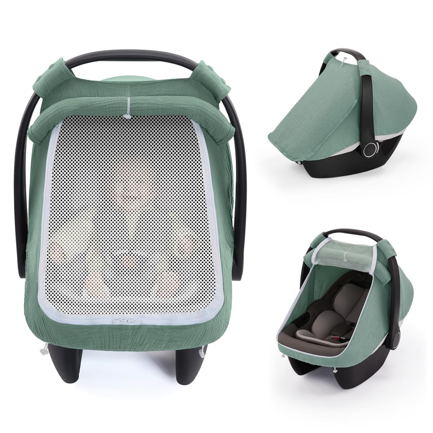 Blissful Diary Baby Car Seat Cover, Extra Large Mesh Window, Breathable Muslin Cotton, Infant Windproof Canopy, Must-Have Baby Gift – Roman Green