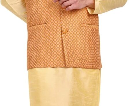 SKAVIJ Men’s Indian Traditional Dupion Silk Kurta Pajama Nehru Jacket (Waistcoat) Set