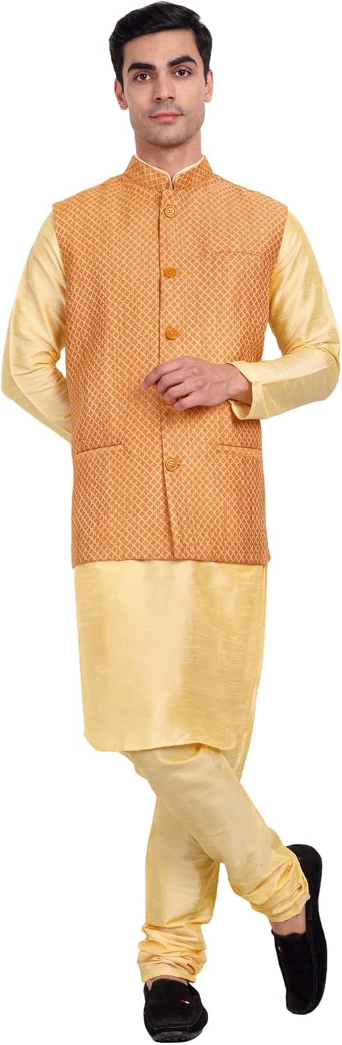 SKAVIJ Men’s Indian Traditional Dupion Silk Kurta Pajama Nehru Jacket (Waistcoat) Set
