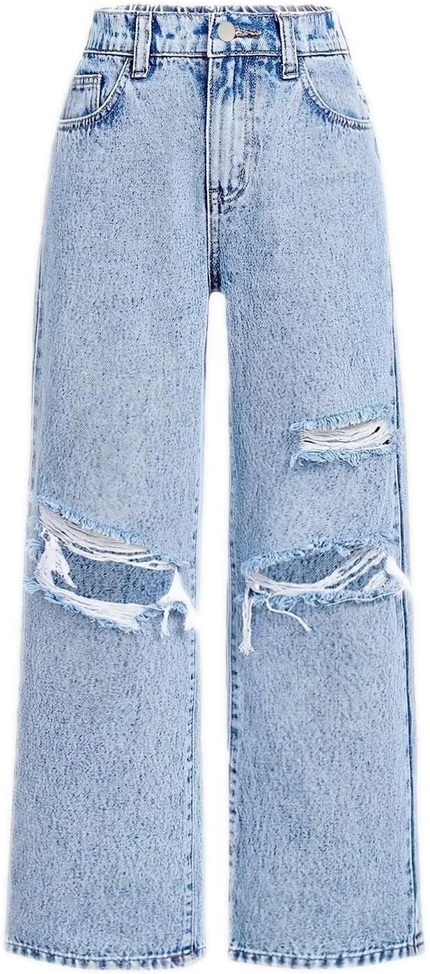 Girl’s Baggy Wide Leg Jeans Zipper Fly Elastic High Waist Y2K Trendy Denim Pants