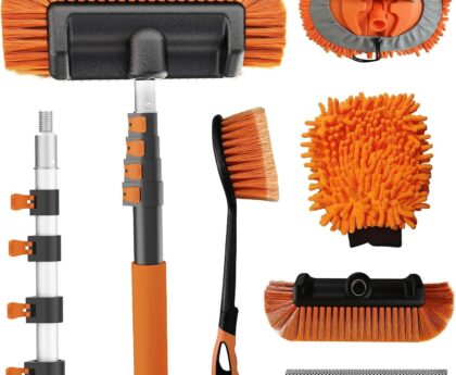 Buyplus 18FT Reach Car Wash Brush with Long Handle – Car Cleaning Kit with 3-12FT Extension Pole, Wheel Brush, Microfiber Cleaning Mop, Mitt, Window Squeegee for RV Truck SUV Boat Solar Pane Washing