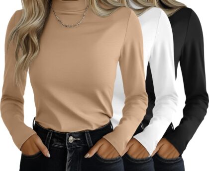 Ficerd 3 Pack Women’s Mock Turtleneck Shirts, Long Sleeve Mock Neck Pullover Tops Slim Fitted Stretch Undershirt Tee Blouse