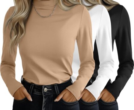 Ficerd 3 Pack Women’s Mock Turtleneck Shirts, Long Sleeve Mock Neck Pullover Tops Slim Fitted Stretch Undershirt Tee Blouse