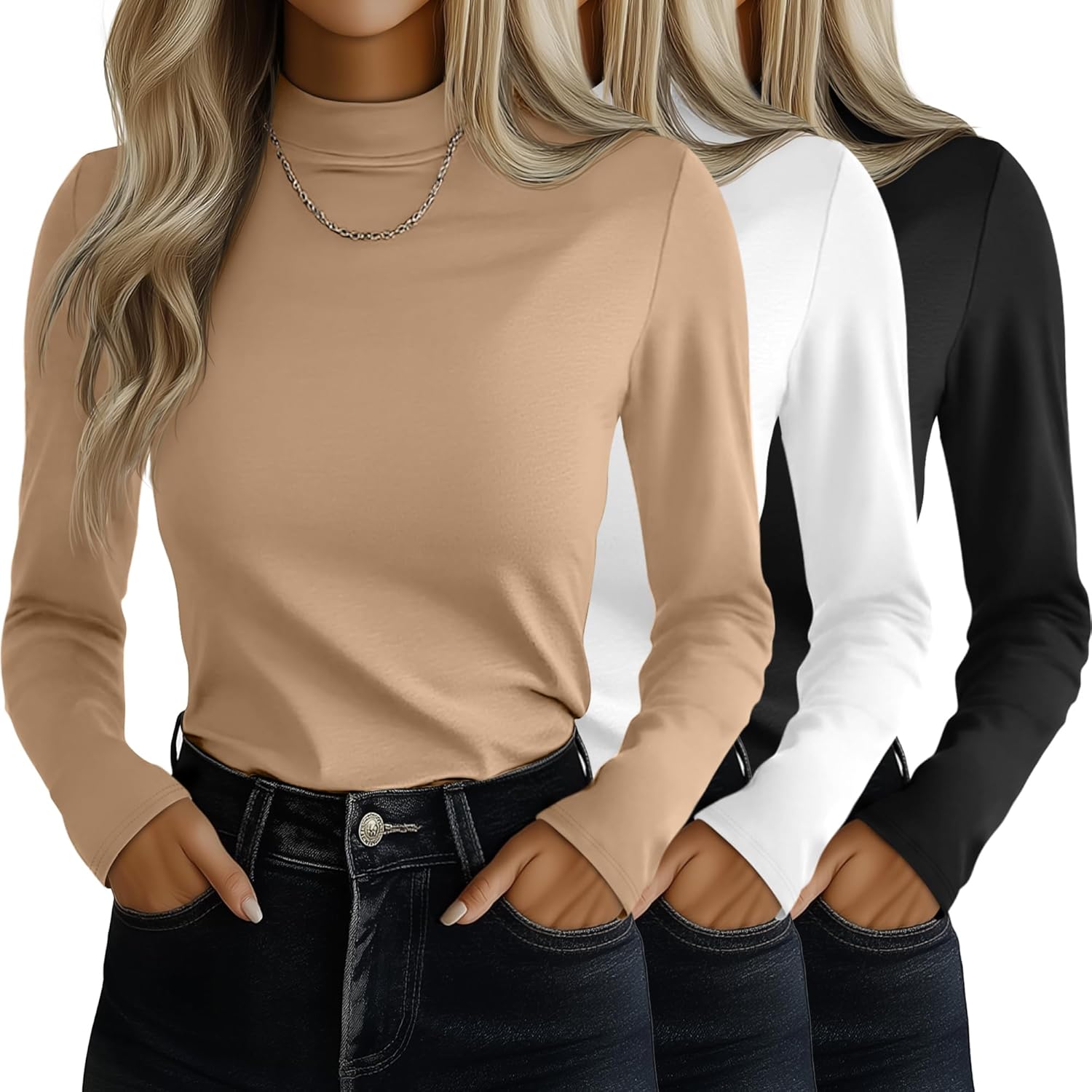 Ficerd 3 Pack Women’s Mock Turtleneck Shirts, Long Sleeve Mock Neck Pullover Tops Slim Fitted Stretch Undershirt Tee Blouse